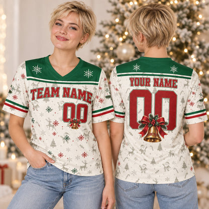 Lifestyle view of a person wearing the white and green custom christmas football jersey