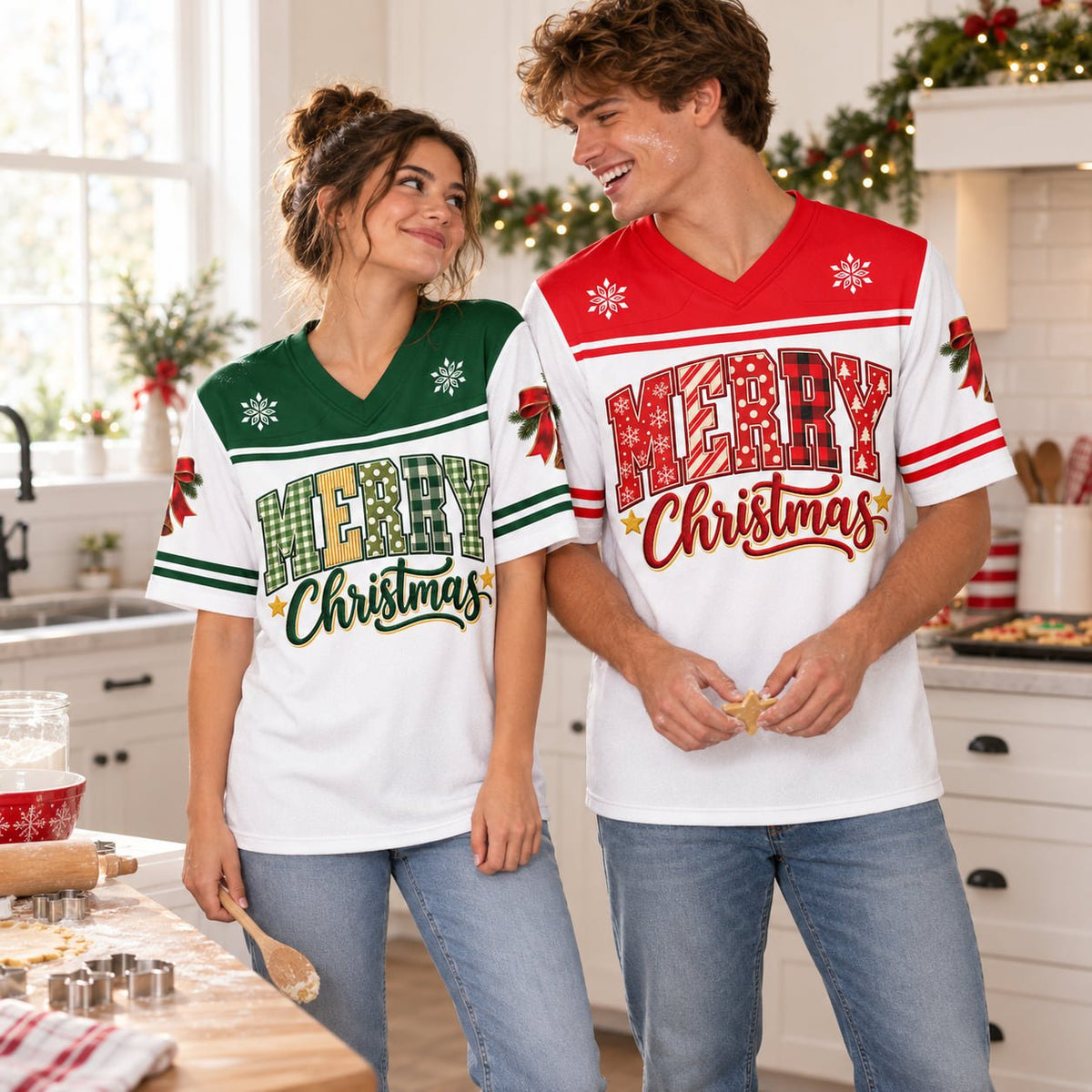 Second lifestyle image showing the festive details of the christmas football jersey outdoors