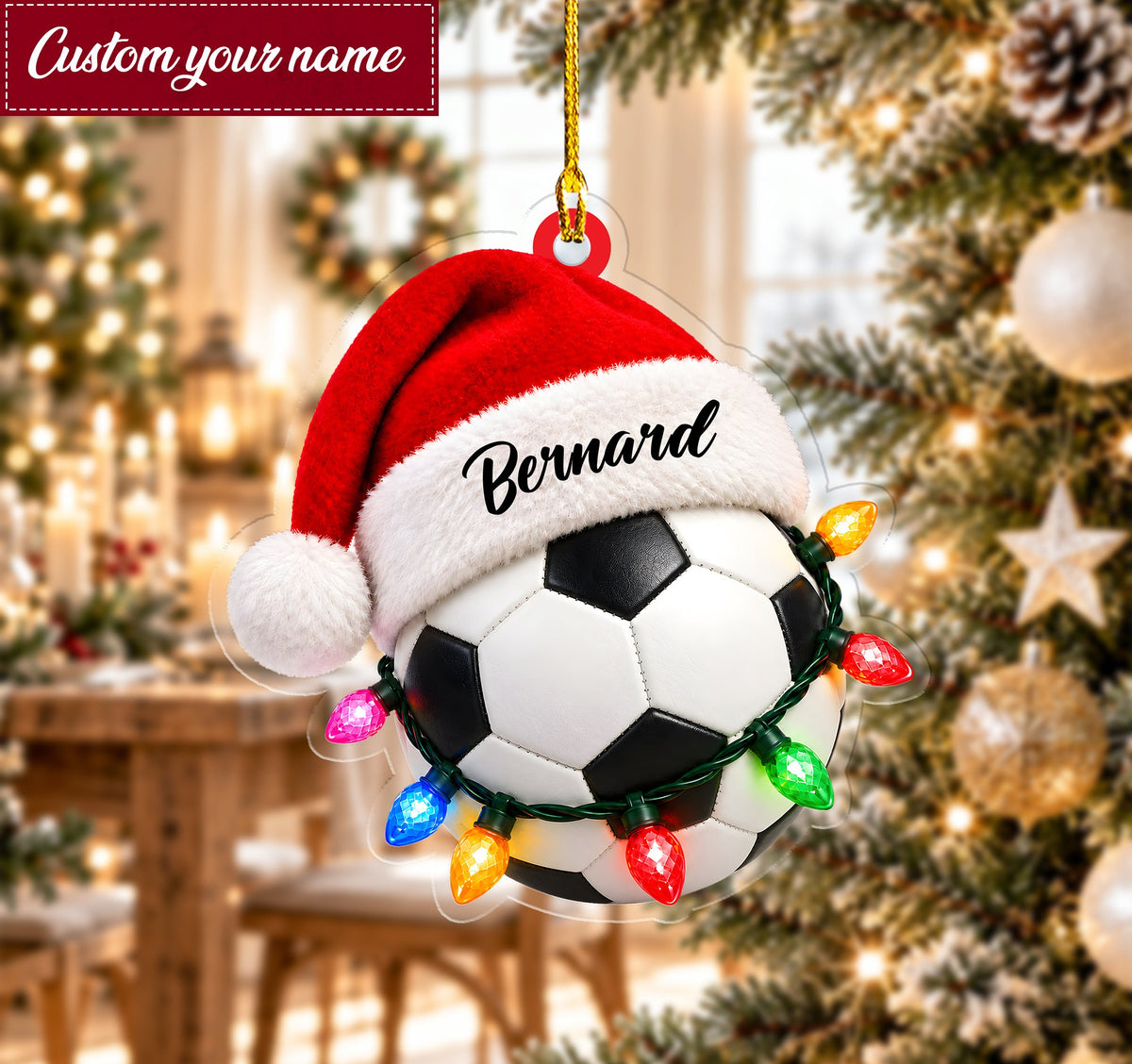 Third lifestyle view of the white personalized football jersey showcasing the sports ball ornaments