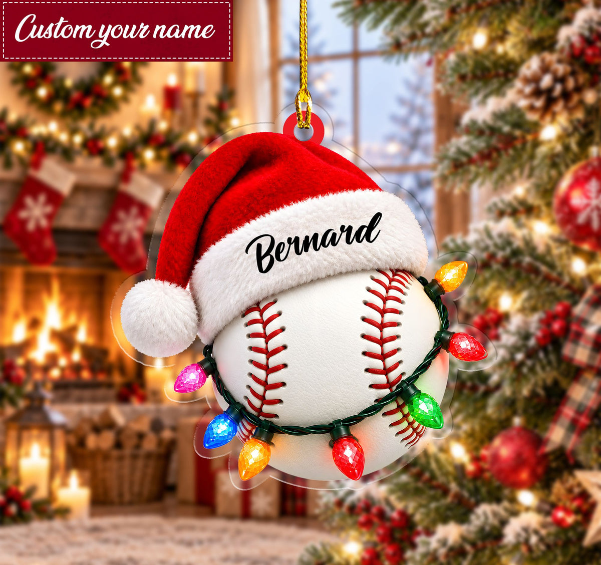 Lifestyle view of a person wearing a white personalized football jersey with Christmas sports ball ornaments