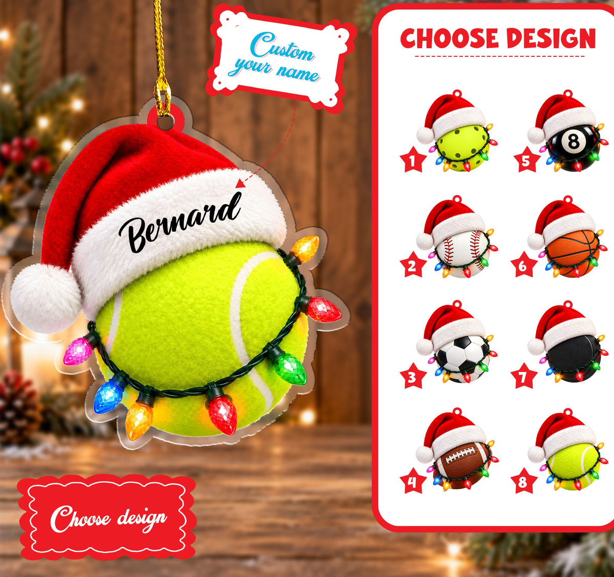 Lifestyle view of a yellow custom football jersey with Christmas light and sports ball ornaments