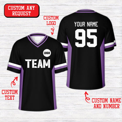 Black v-neck personalized football jersey with team text and logo placeholder