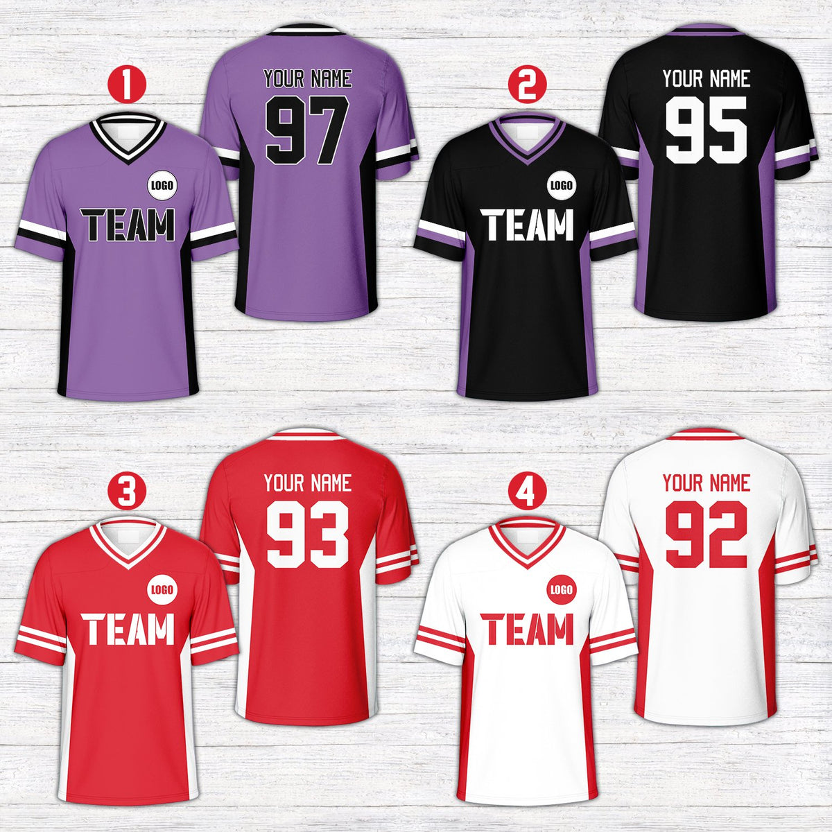 Front view of the personalized football jersey showing side panels and sleeve stripes