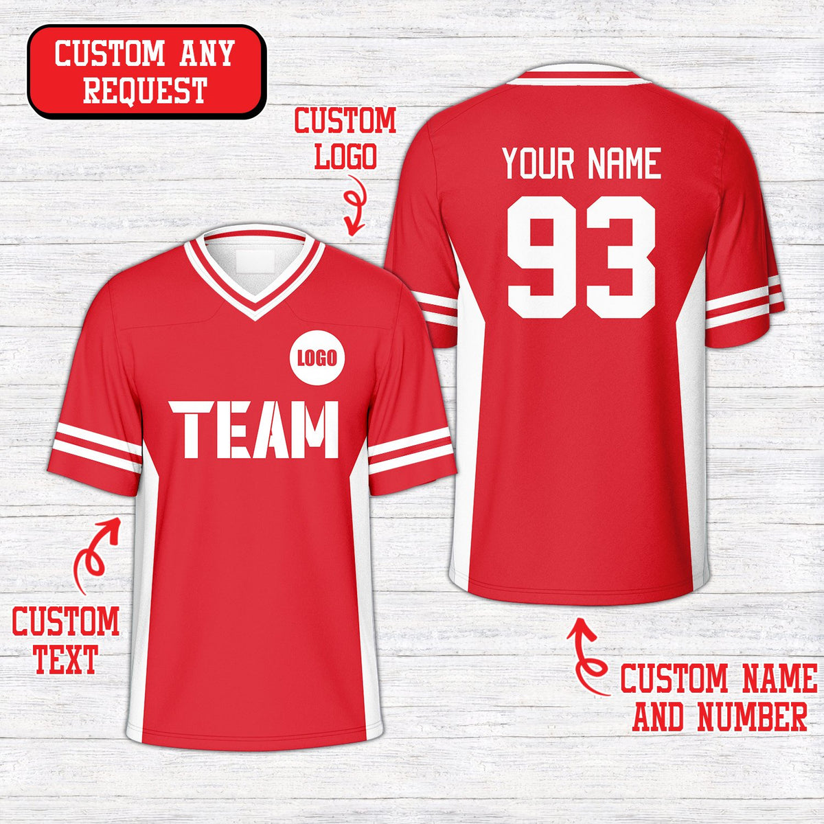 Red concert football jersey featuring custom name and number front design