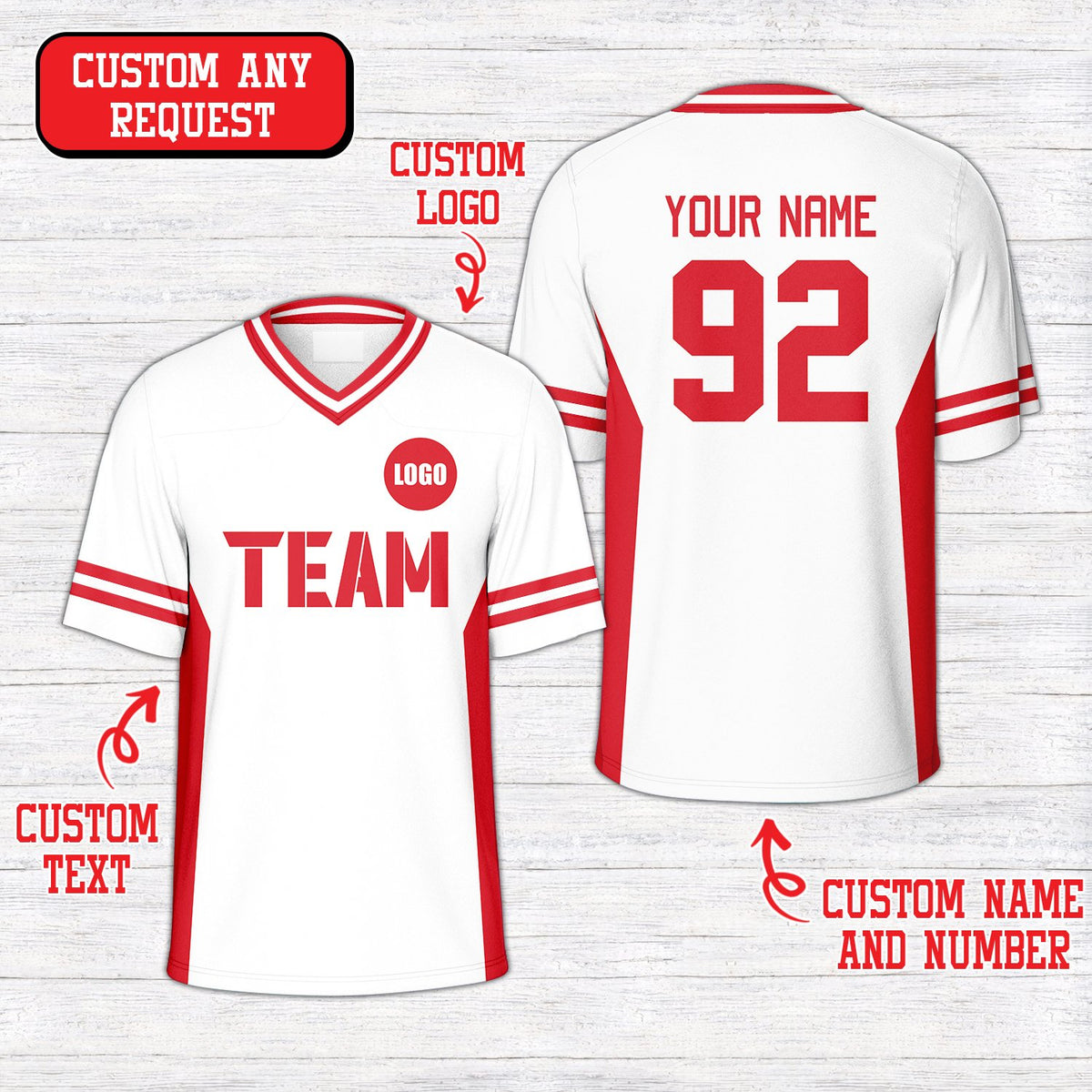 White solid football jersey featuring customizable concert theme design