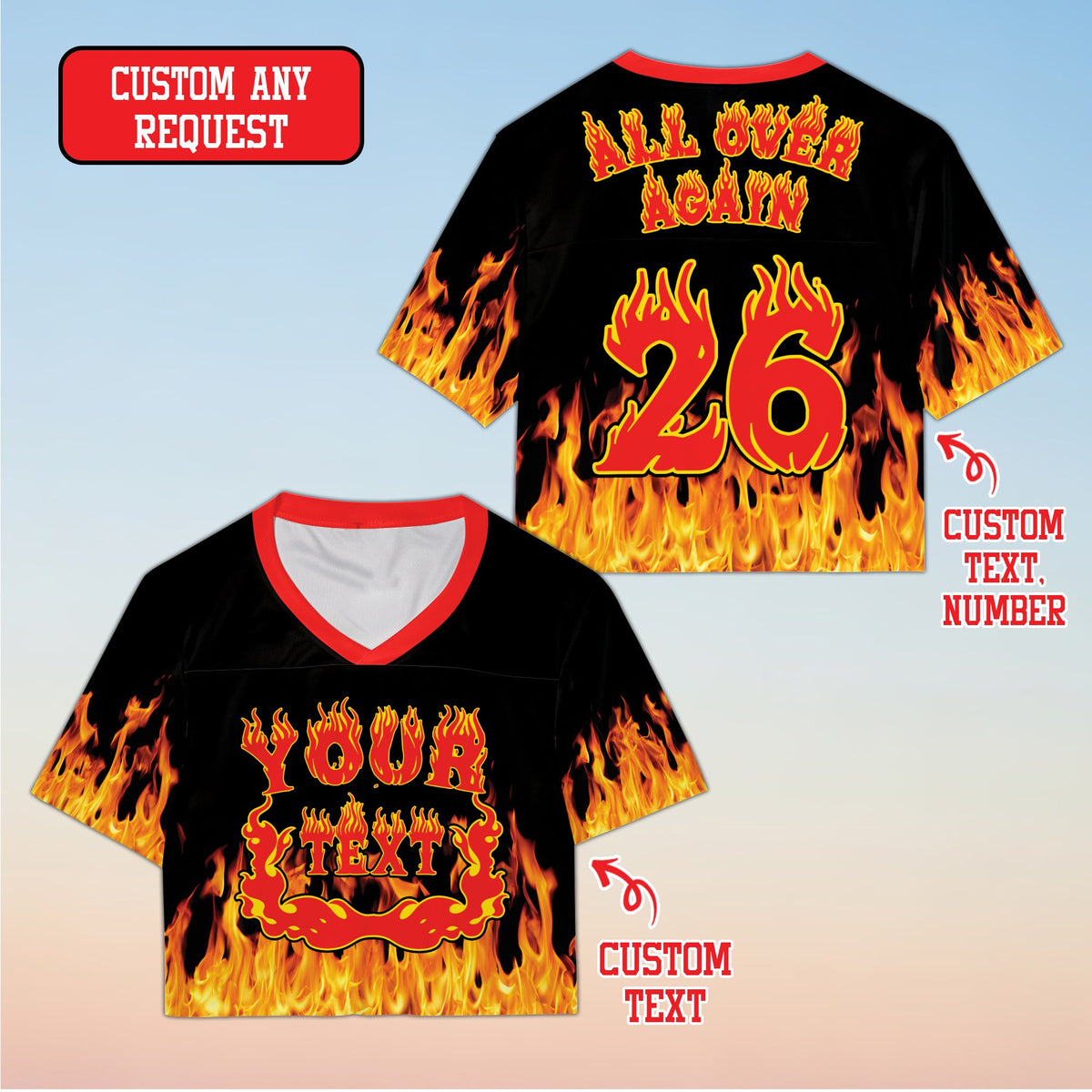 Black personalized football jersey with fiery text, front view