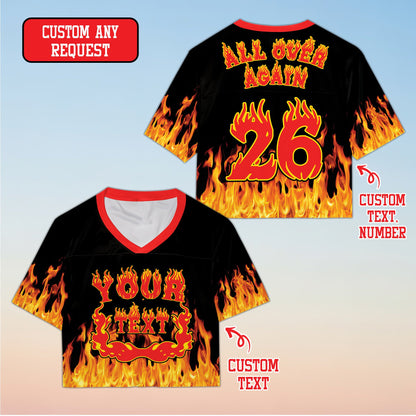 Black personalized football jersey with fiery text, front view