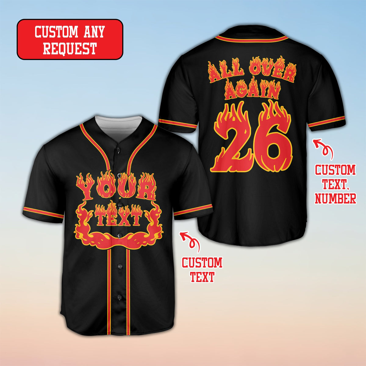 Black flame football jersey showcasing design details, front view
