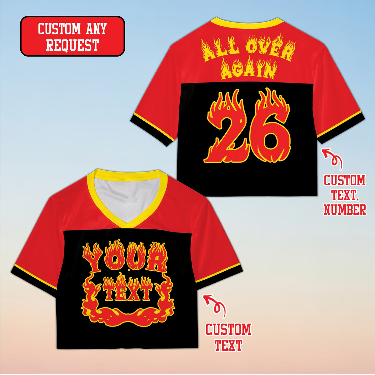 Black custom football jersey with flame design, front view