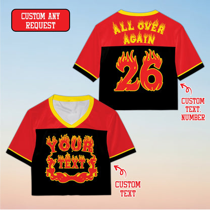 Black custom football jersey with flame design, front view