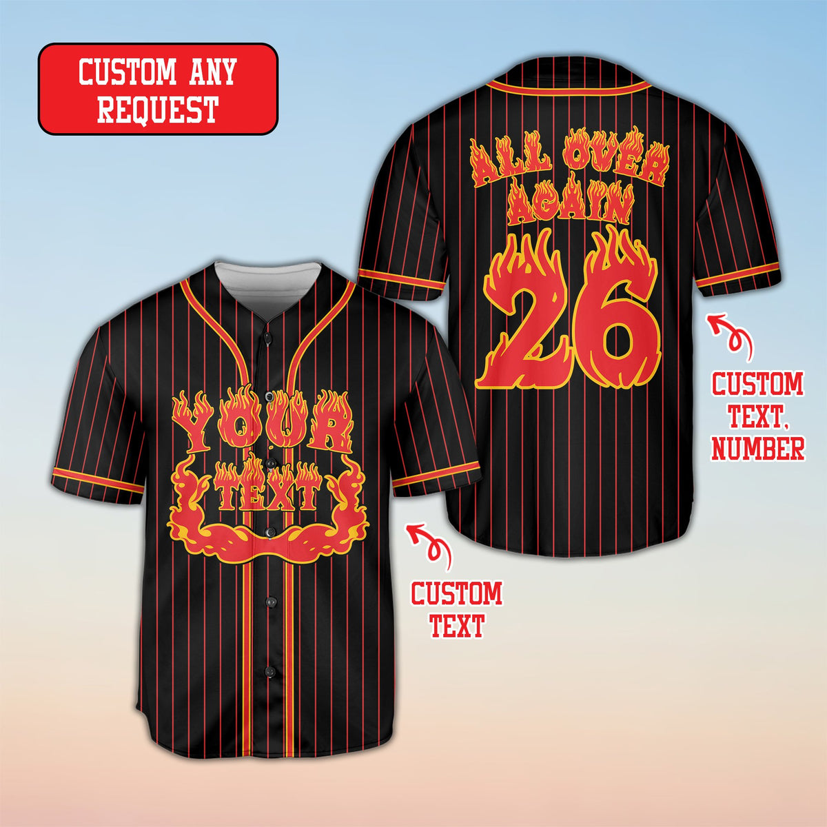 Additional black personalized football jersey with flame graphics, front view