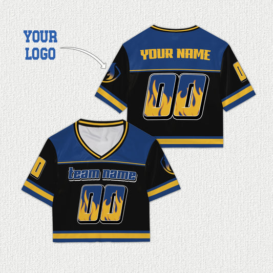 Personalized black flame football jersey in blue with custom name and number, main view