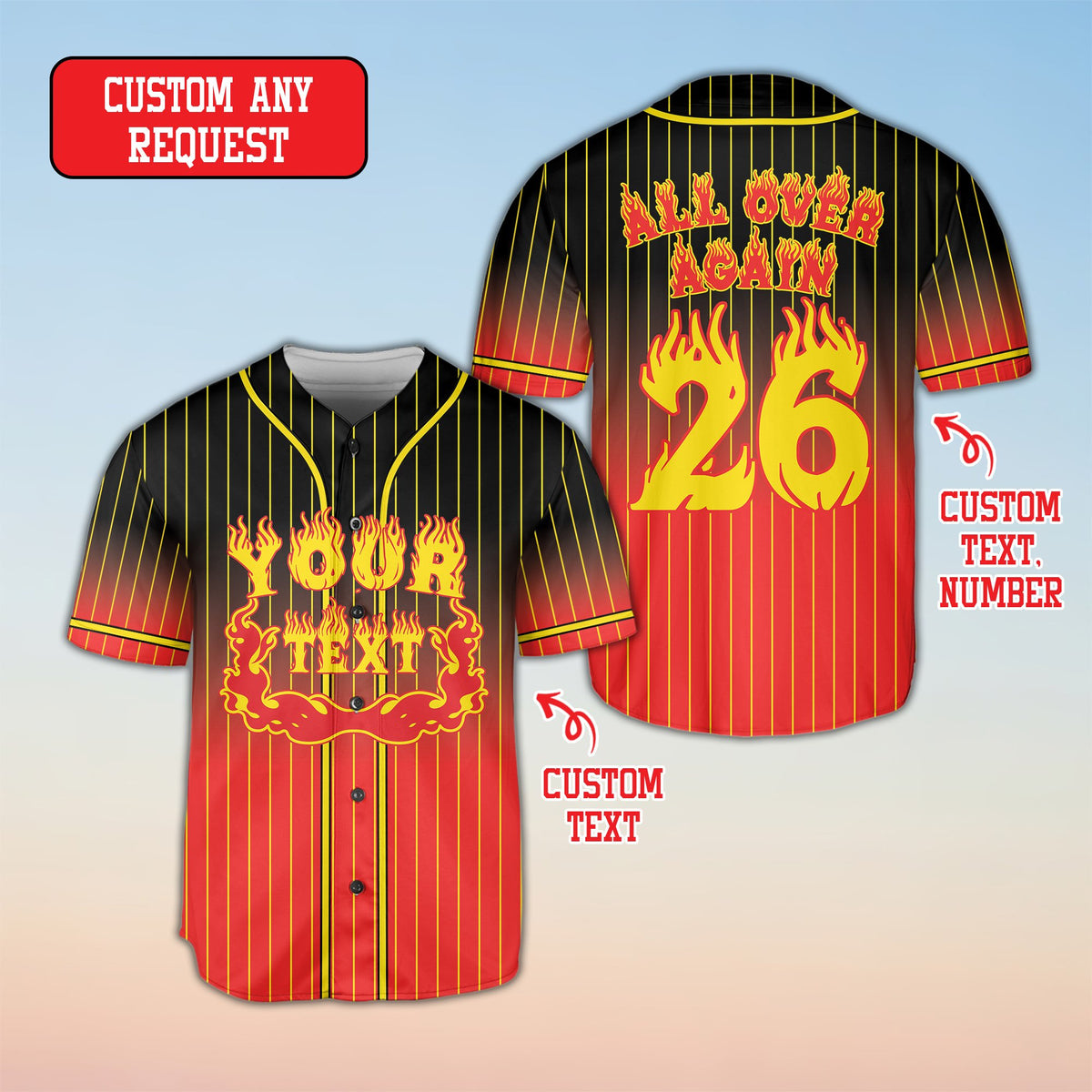 Multicolor personalized football jersey with flame graphics, front view
