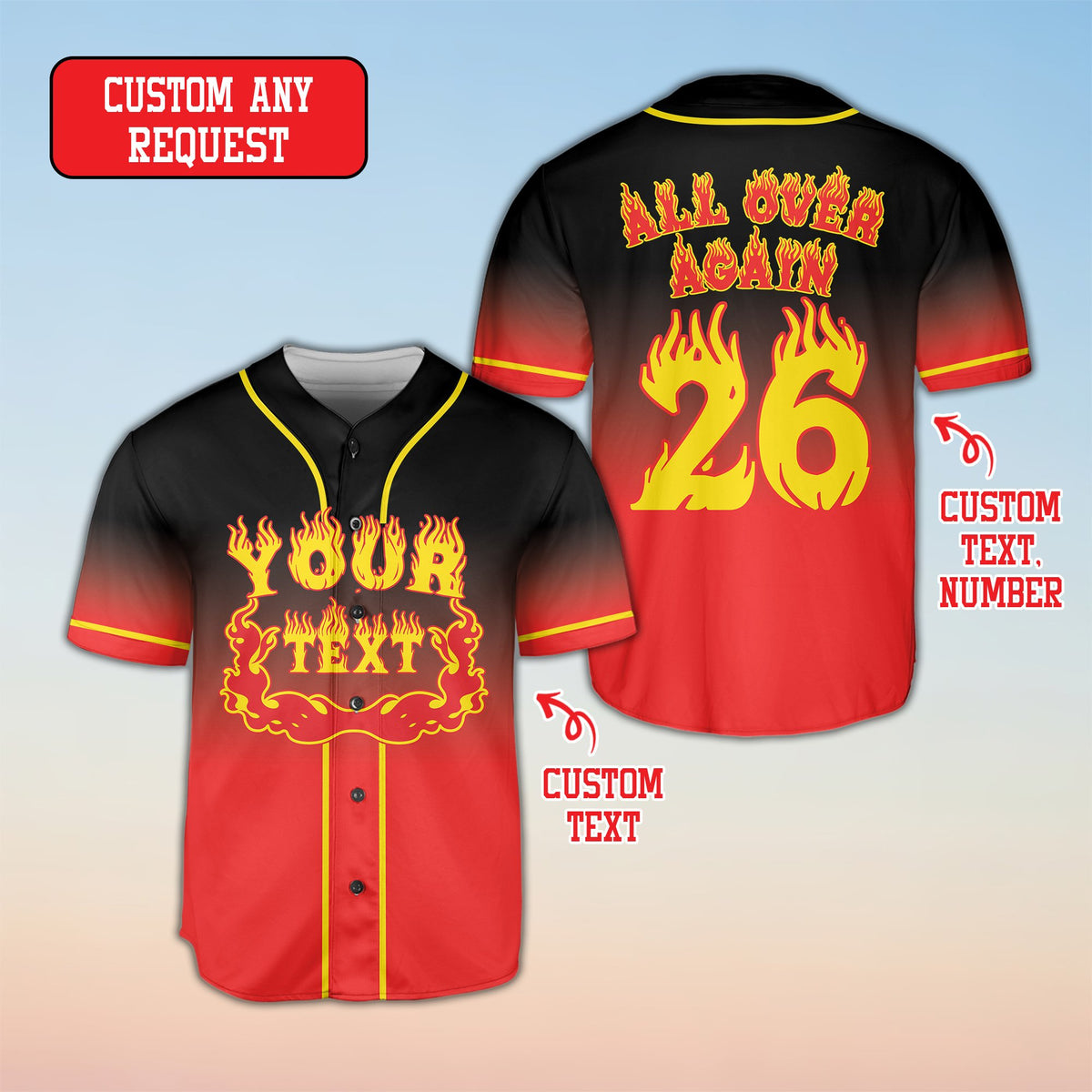 Alternative multicolor personalized football jersey with flame graphics, front view
