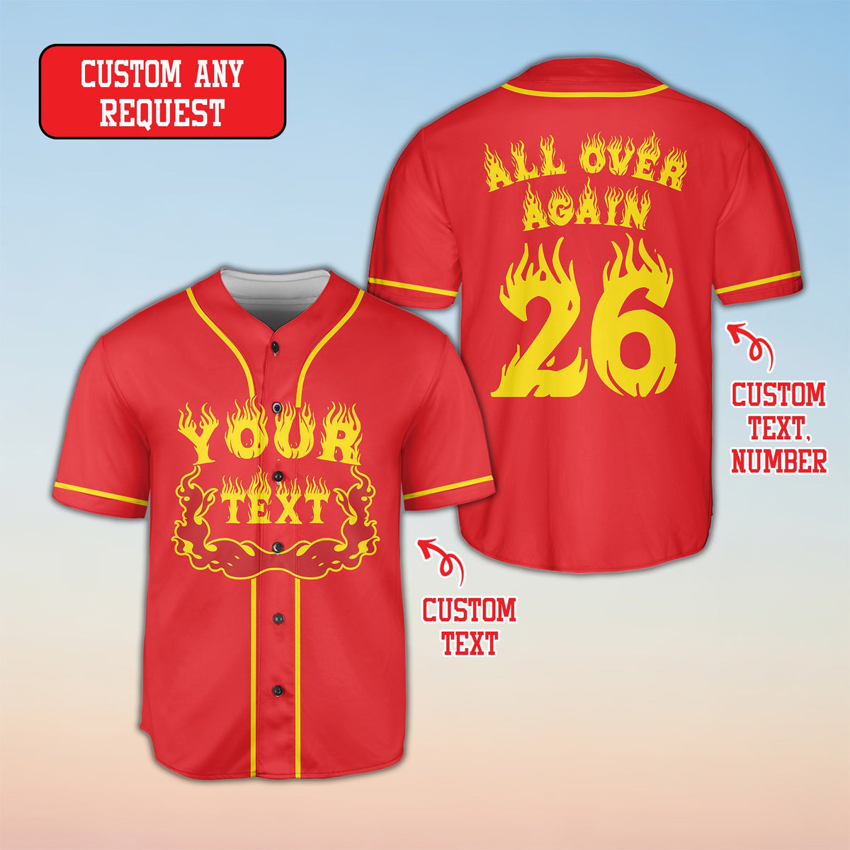 Red flame football jersey with personalized options, front view