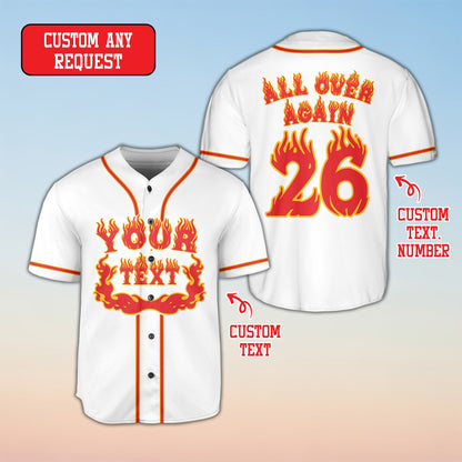 White personalized football jersey with flame graphics, front view