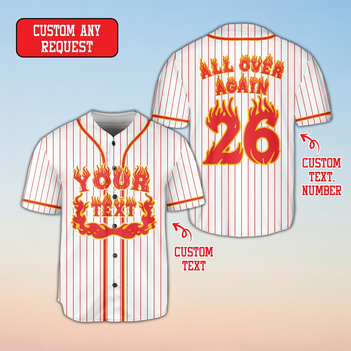 Alternative white personalized football jersey with flame graphics, front view
