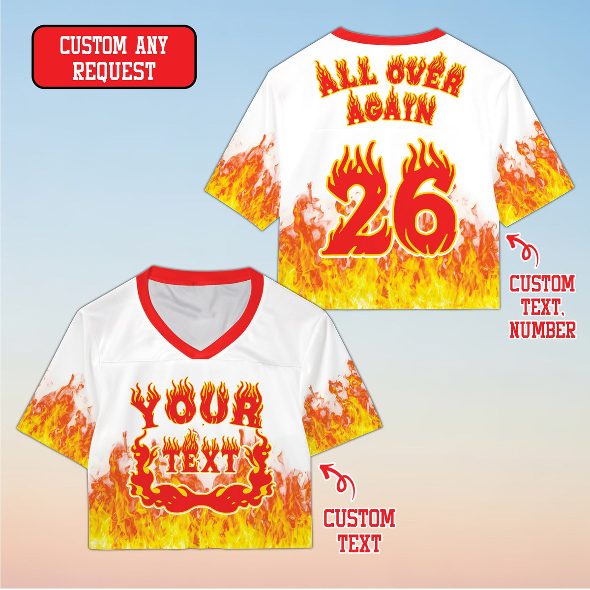 White flame football jersey, cropped front view