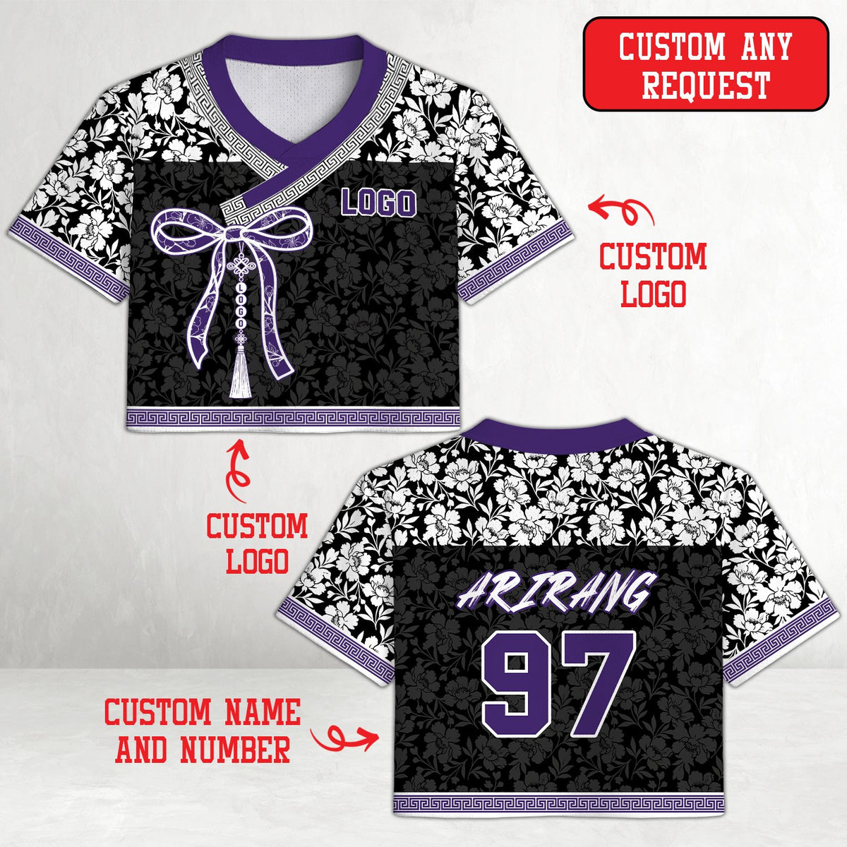 Black floral football jersey with traditional knot front