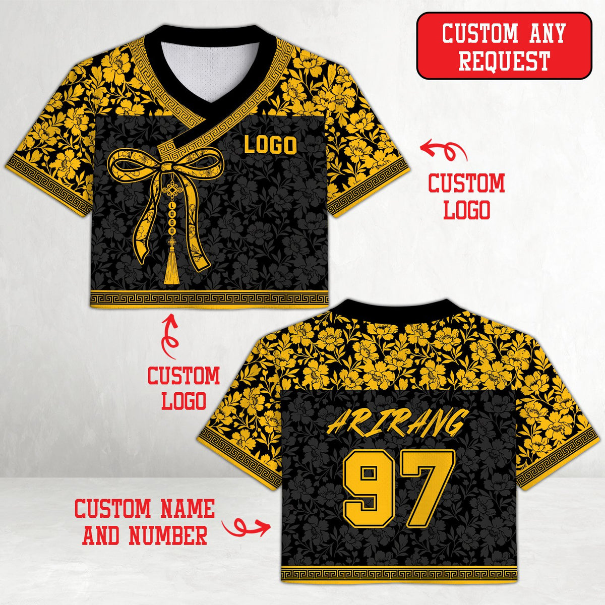 Black and multicolor floral custom football jersey front view