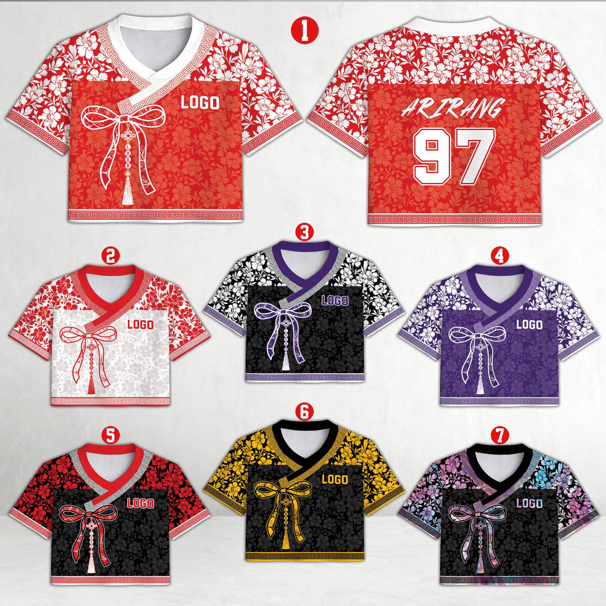 Front view of red floral football jersey with wrap-style knot detail