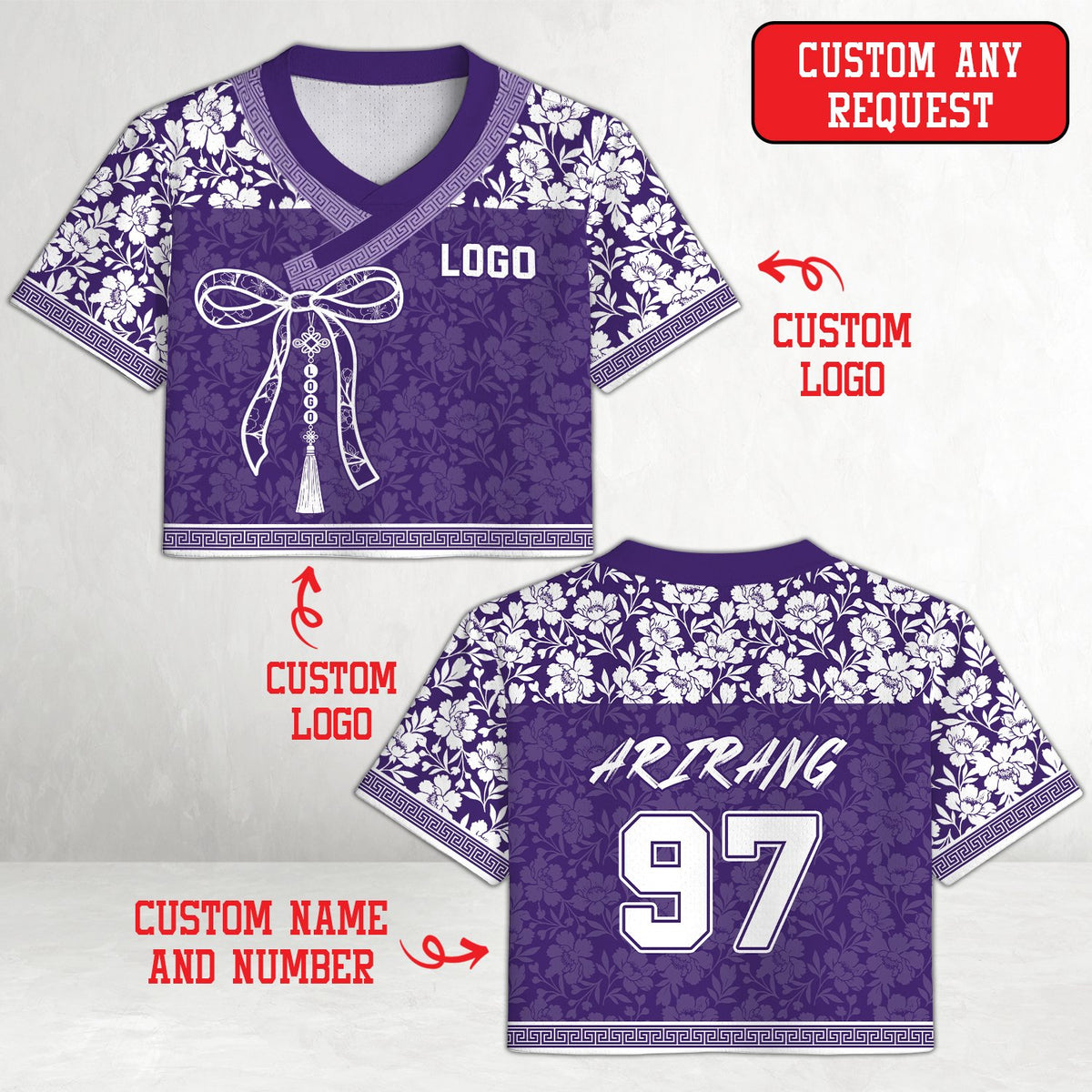Purple floral football jersey with geometric border details