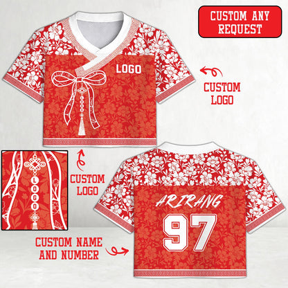 Personalized red floral football jersey with custom name and number, main view