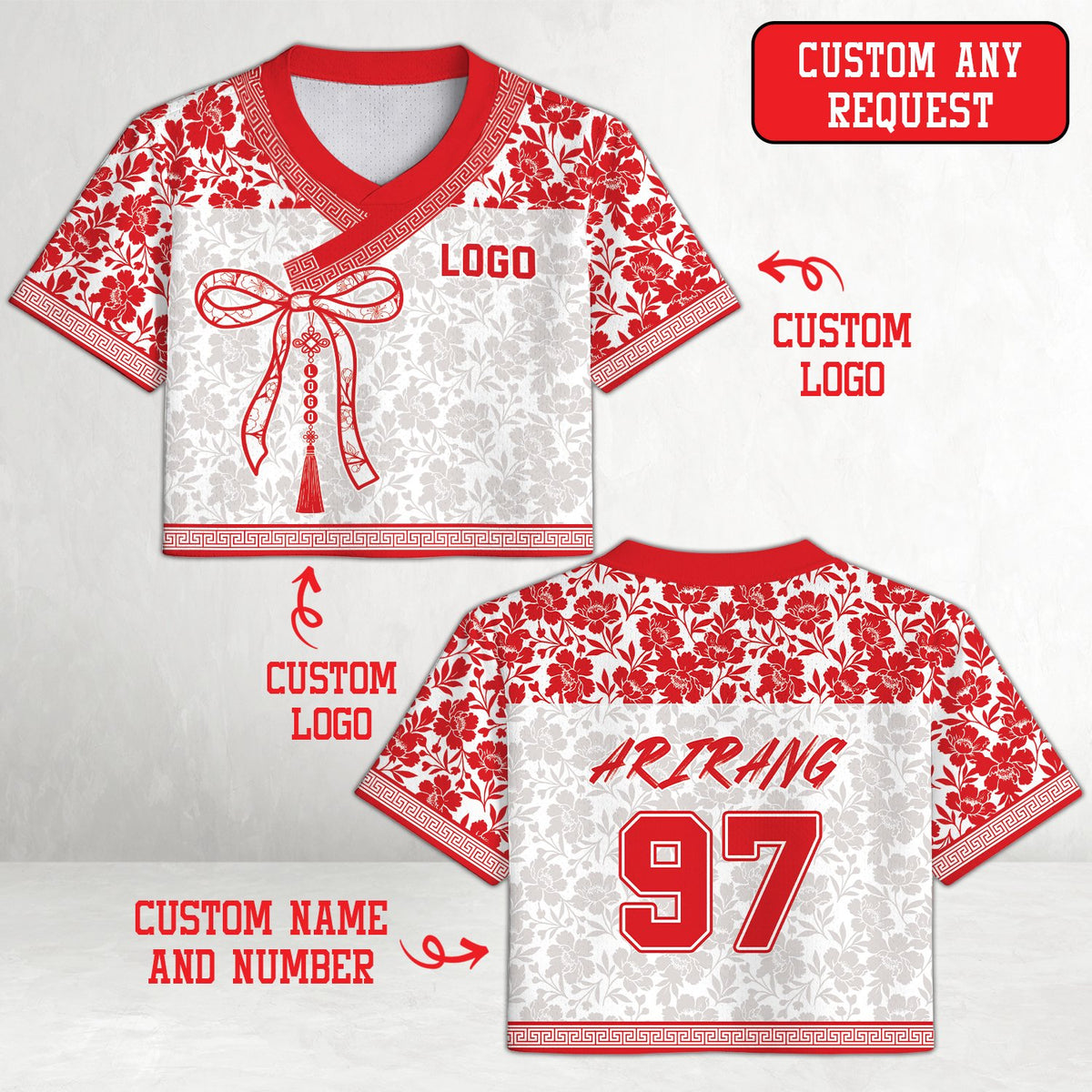 White floral football jersey with wrap-style front design