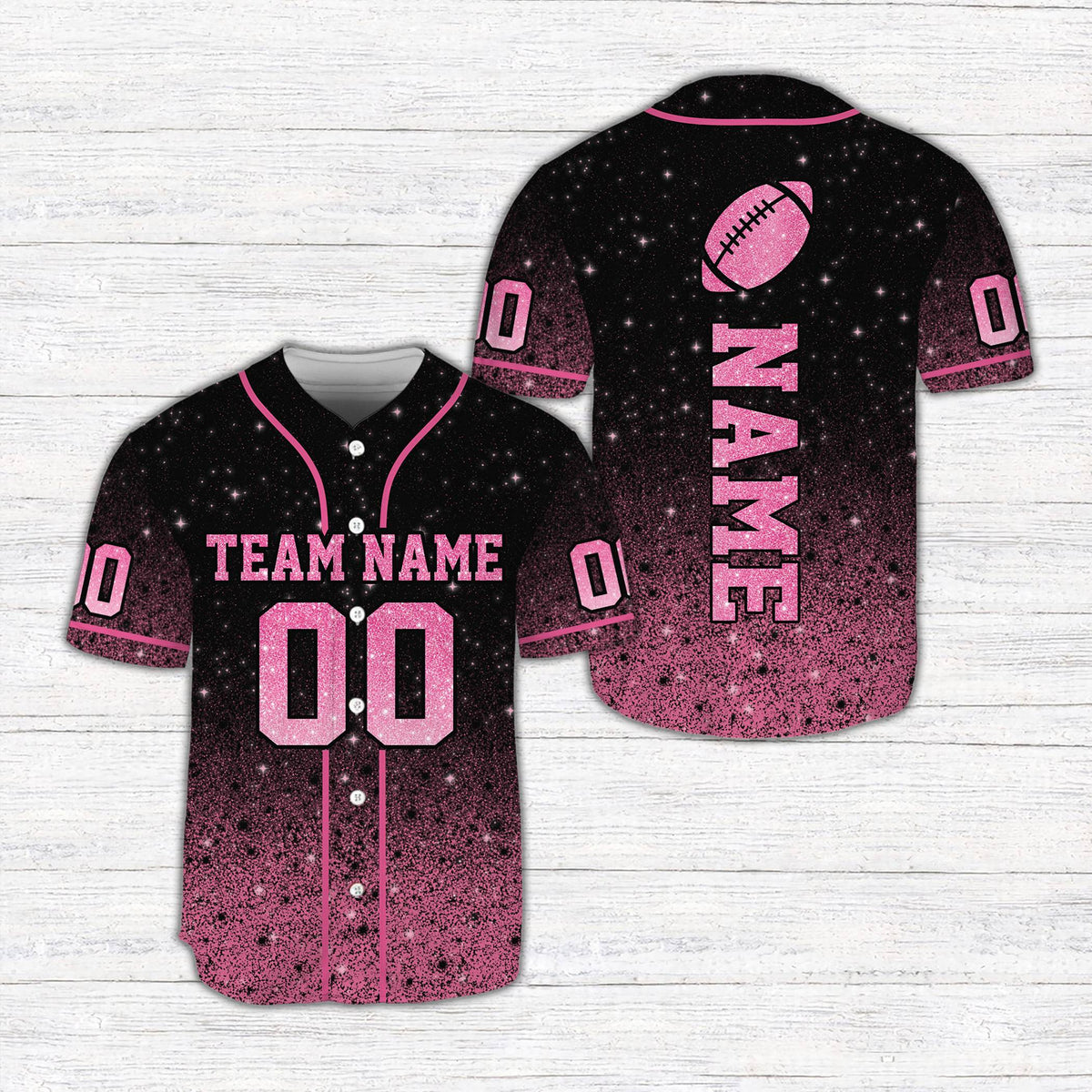 Personalized black glitter football jersey with custom name and number, front view
