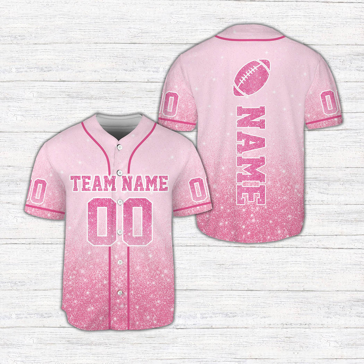 Personalized pink glitter football jersey with custom name and number, front view
