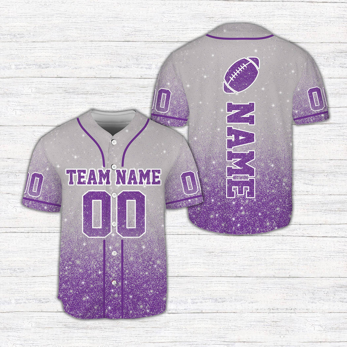 Personalized purple custom glitter football jersey with faux ombre effect, front view