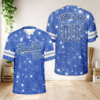 Front view of the personalized blue glitter rhinestone football jersey