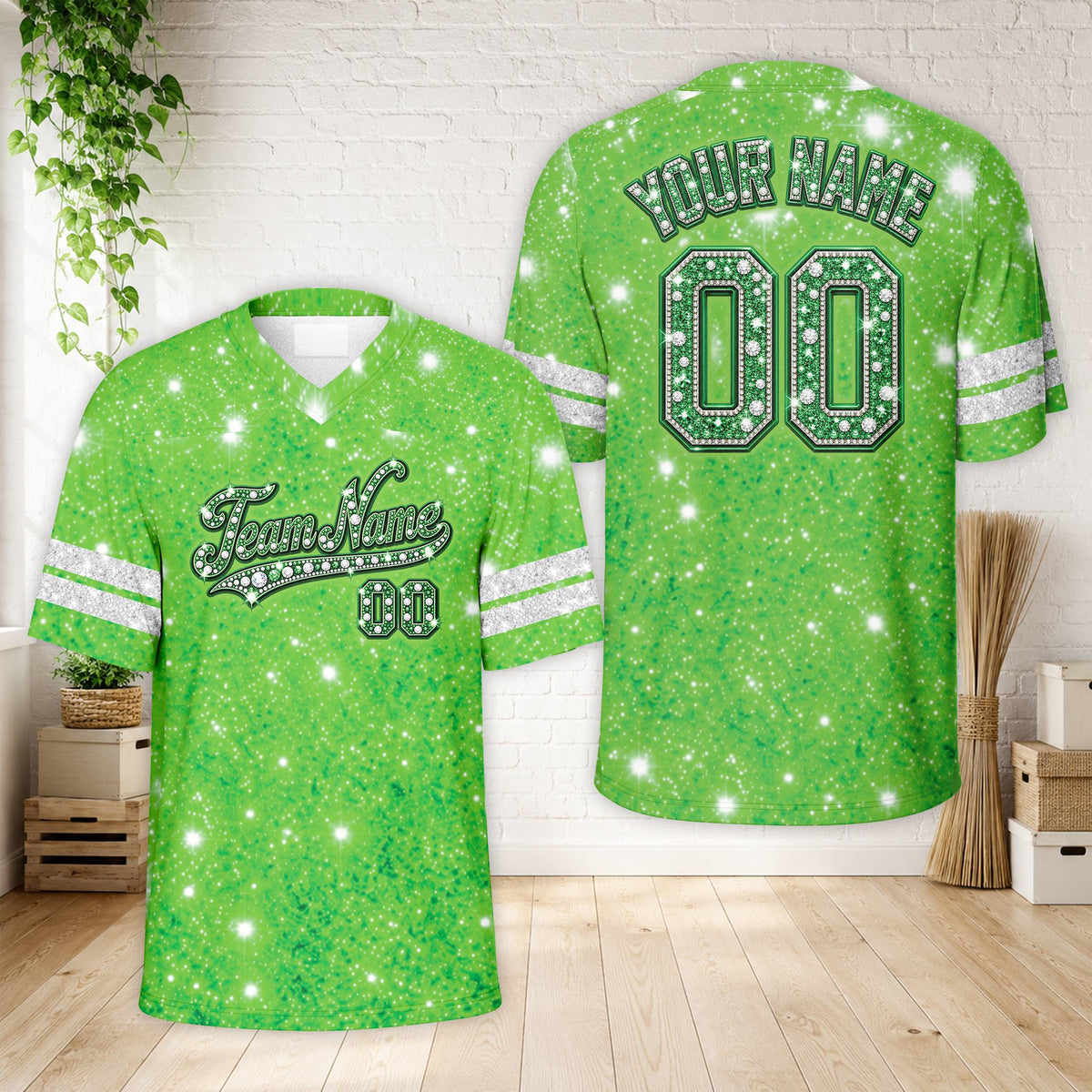 Front view of the green faux glitter football jersey
