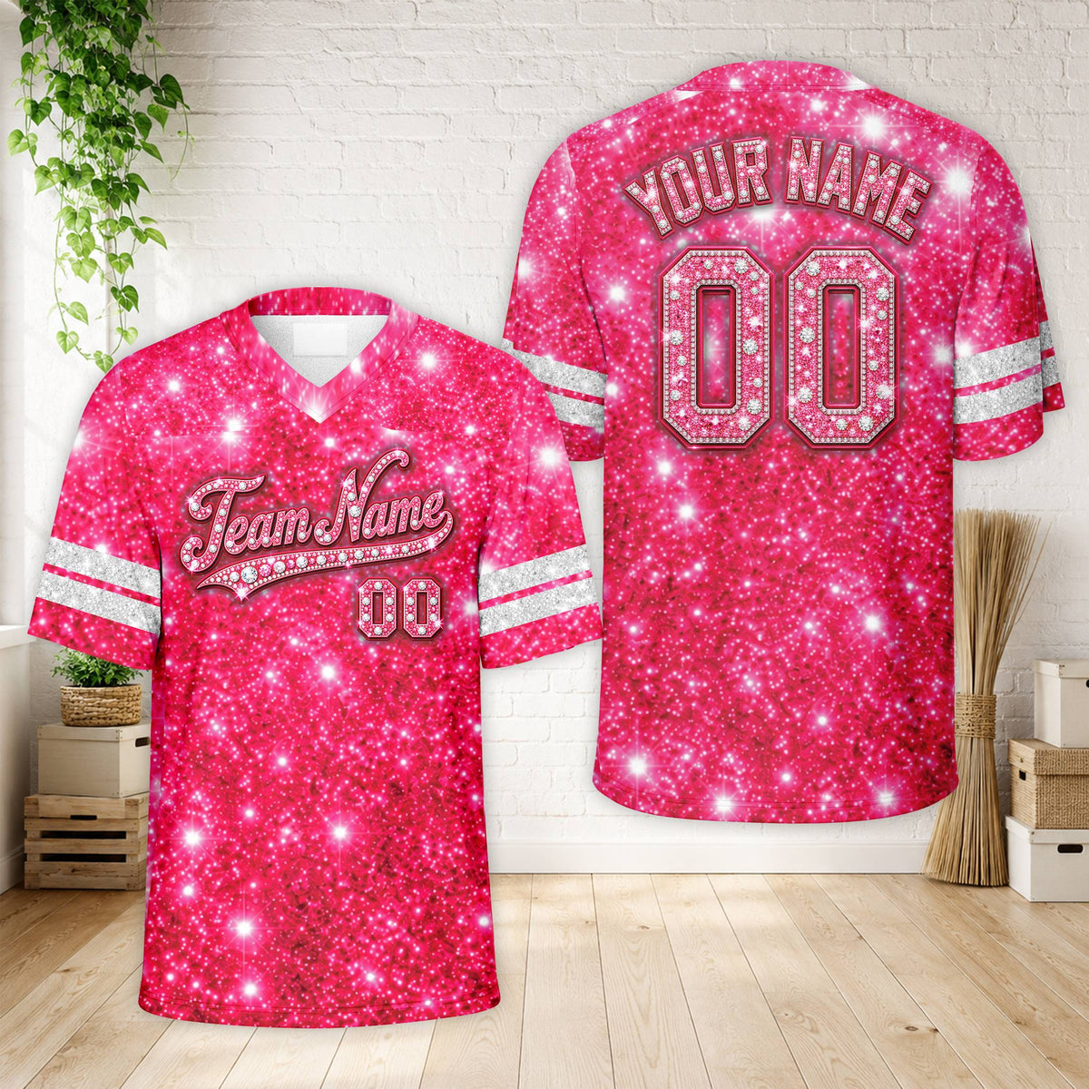Front view of the pink rhinestone football jersey