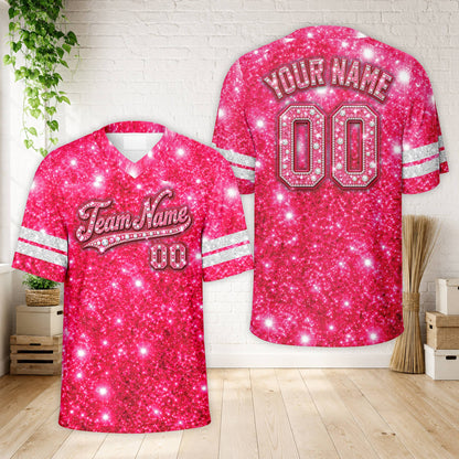 Front view of the pink rhinestone football jersey