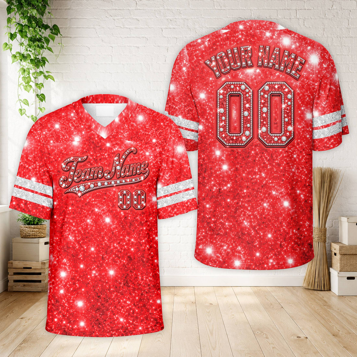 Front view of the red faux glitter football jersey
