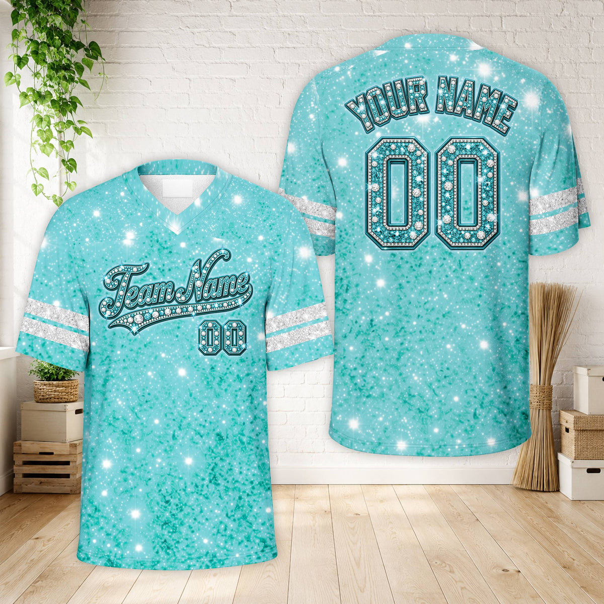 Personalized glitter rhinestone football jersey in teal with custom name and number, main view