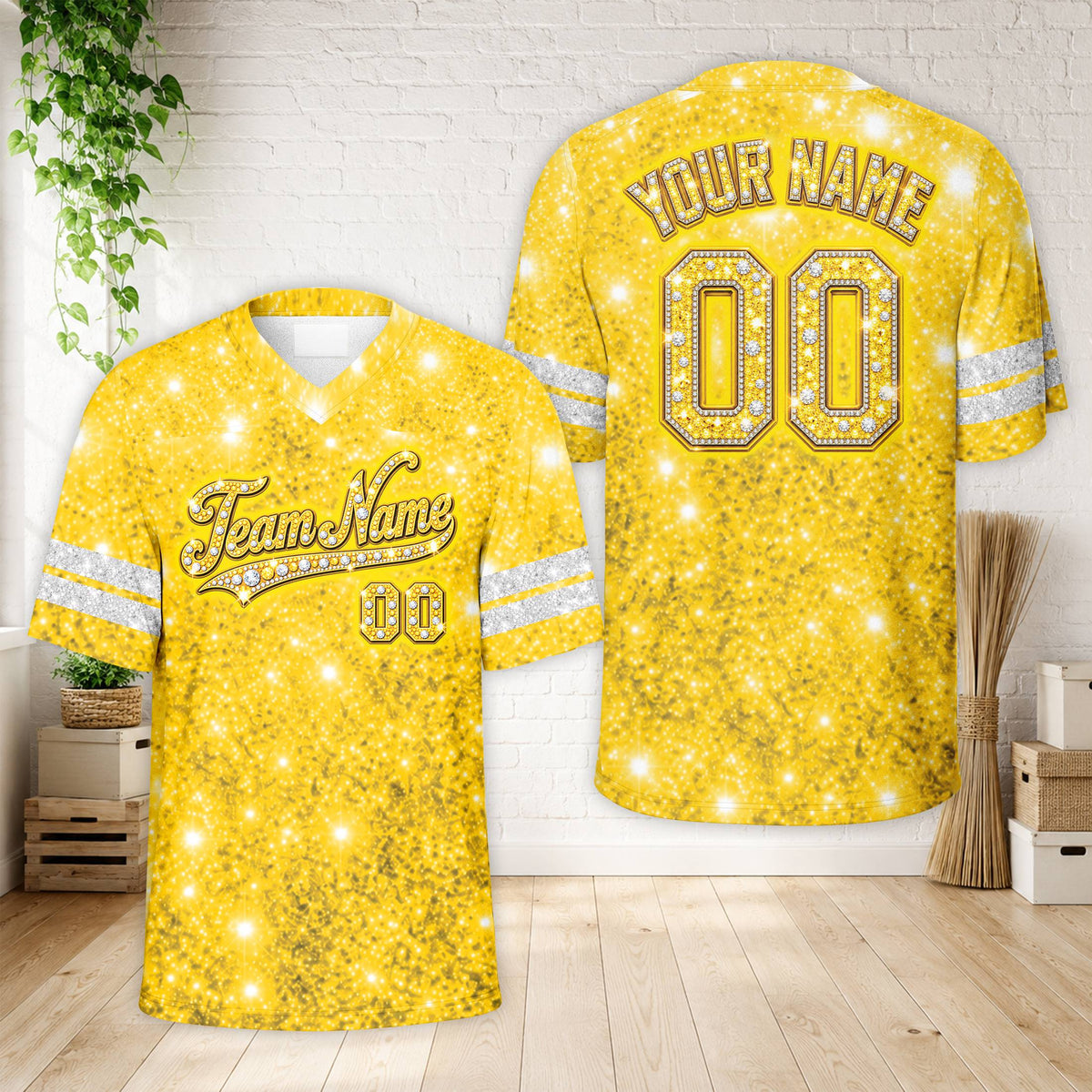 Front view of the yellow glitter rhinestone football jersey