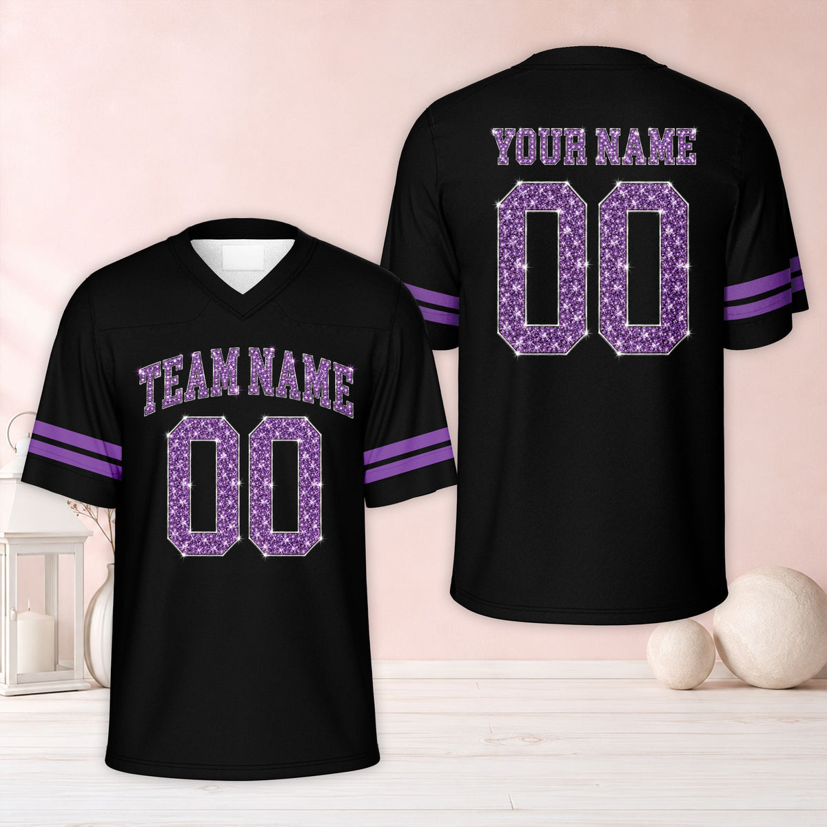Additional front view of a black personalized football jersey with faux glitter text