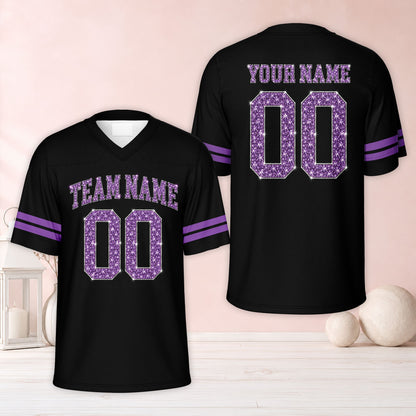 Additional front view of a black personalized football jersey with faux glitter text