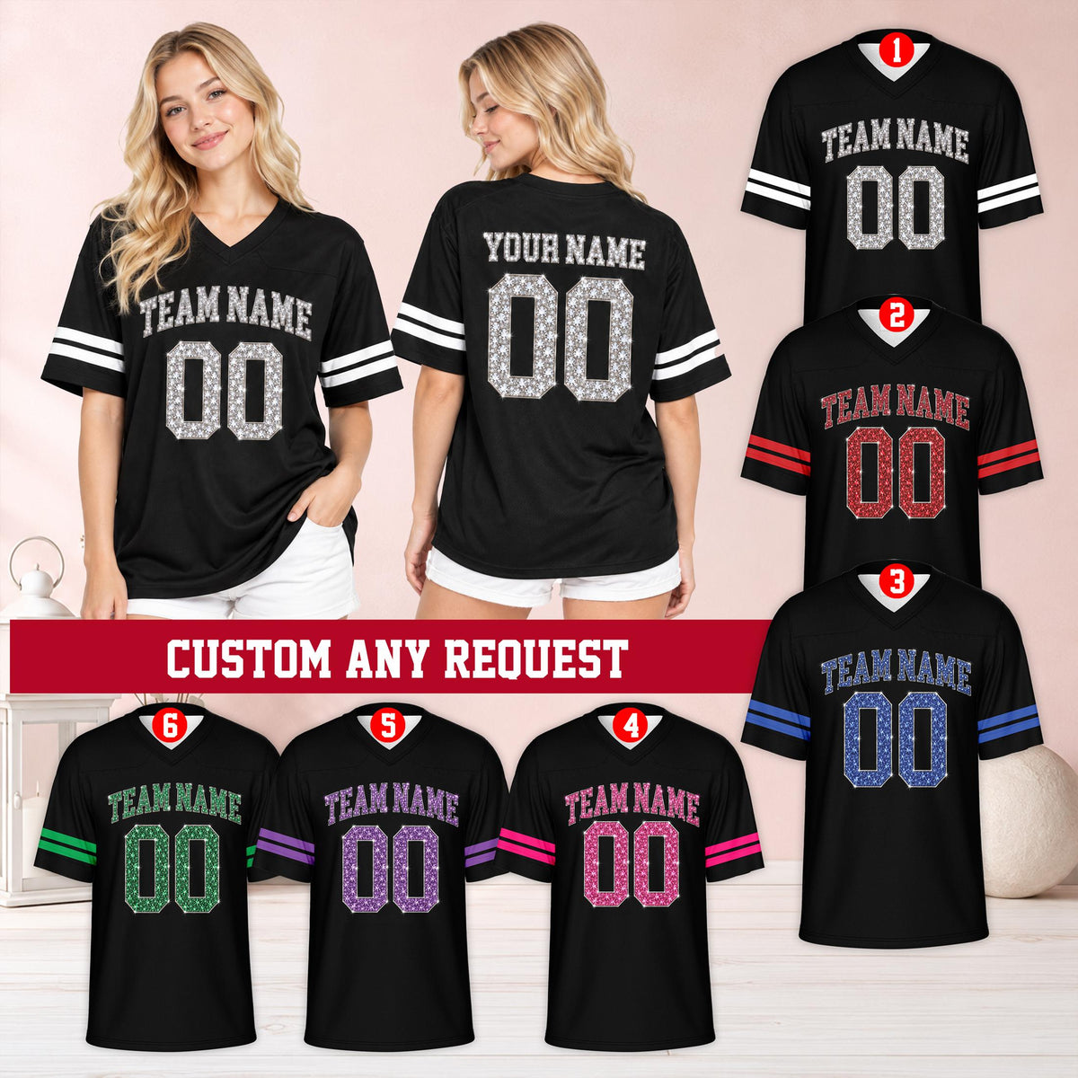 Main view of a black personalized text football jersey featuring faux glitter custom name and number