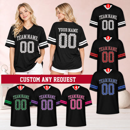 Main view of a black personalized text football jersey featuring faux glitter custom name and number