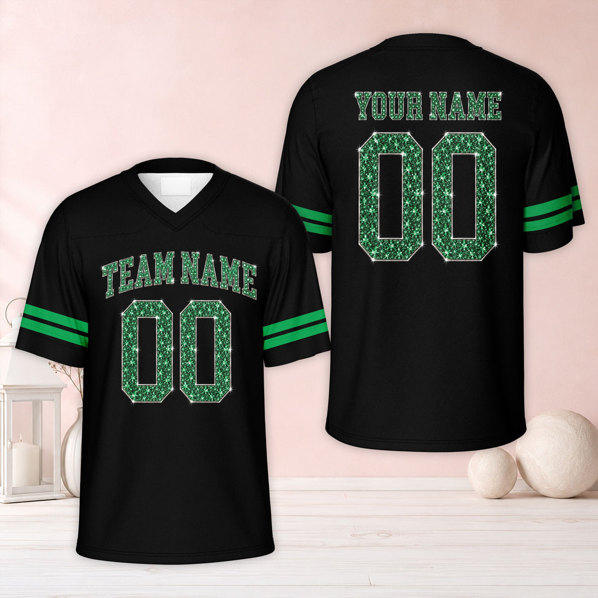 Detailed front view of a black custom name football jersey showing sleeve stripes