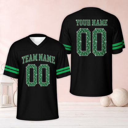 Detailed front view of a black custom name football jersey showing sleeve stripes
