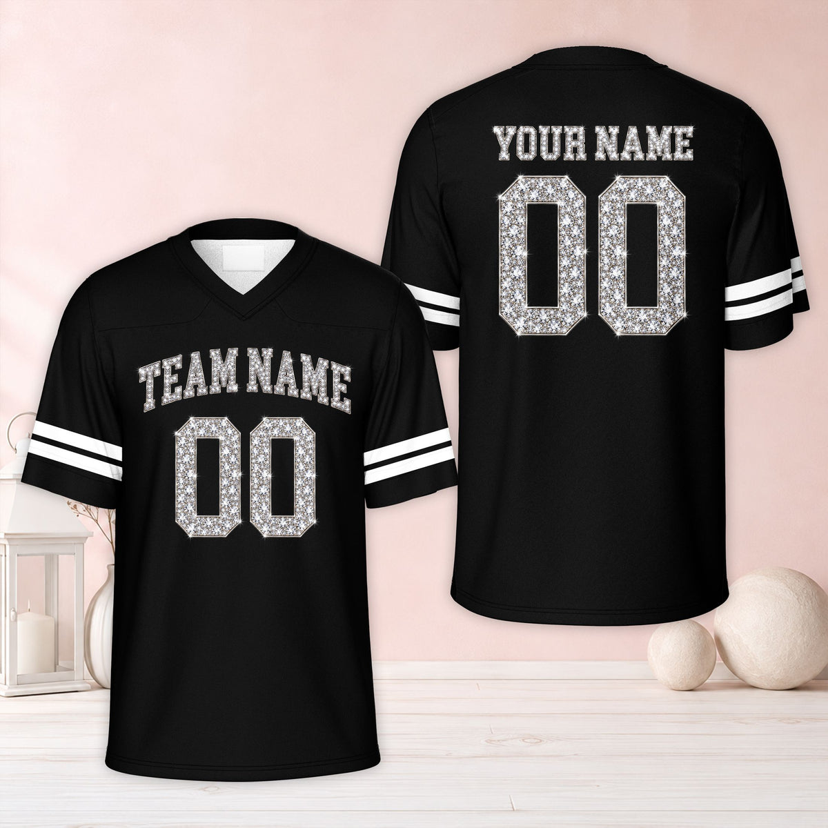 Alternate front view of a black custom football jersey with faux glitter text