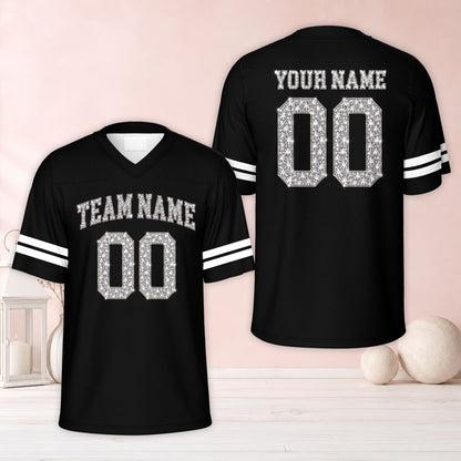 Alternate front view of a black custom football jersey with faux glitter text