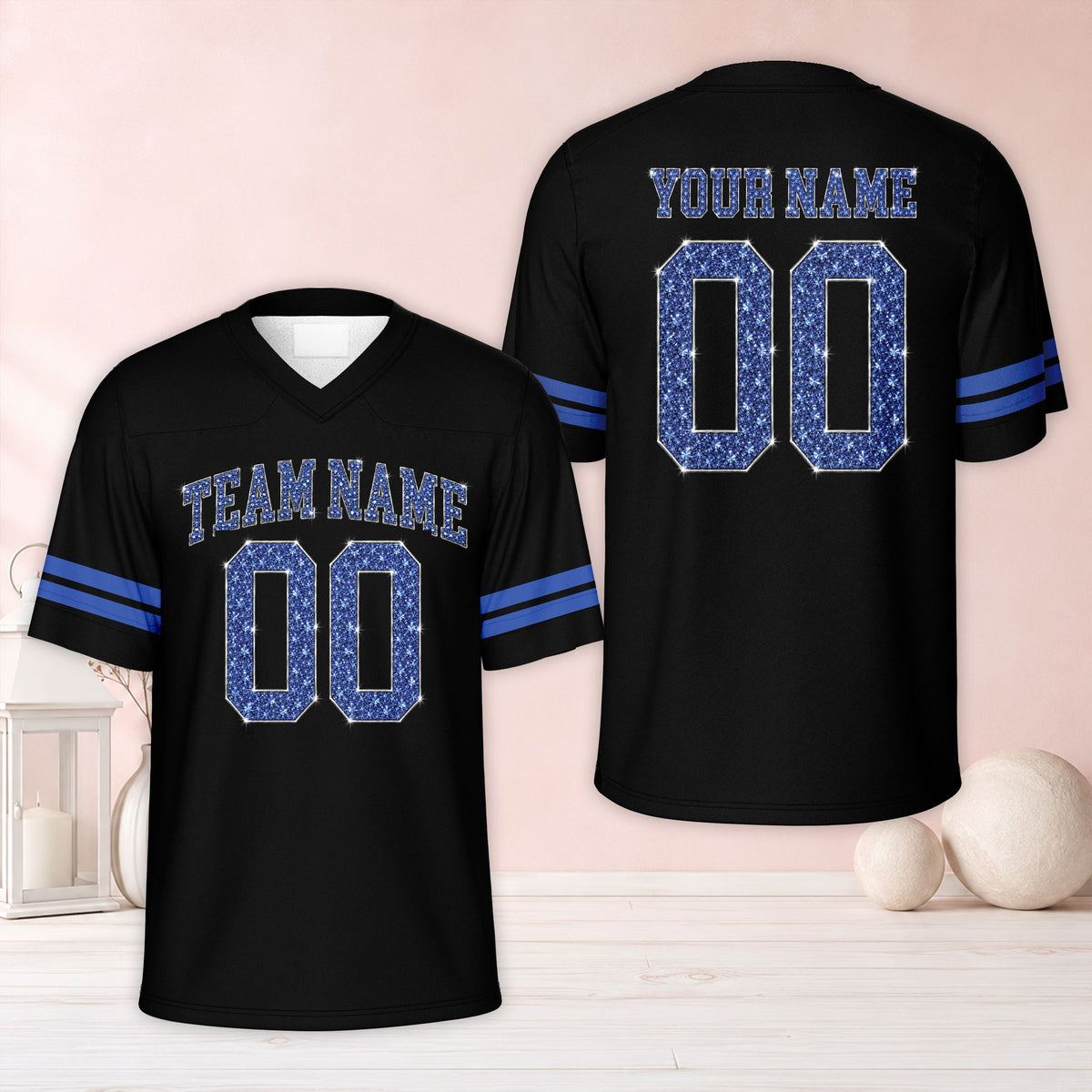 Front view of a blue variant personalized football jersey with faux glitter text