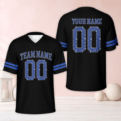 Front view of a blue variant personalized football jersey with faux glitter text