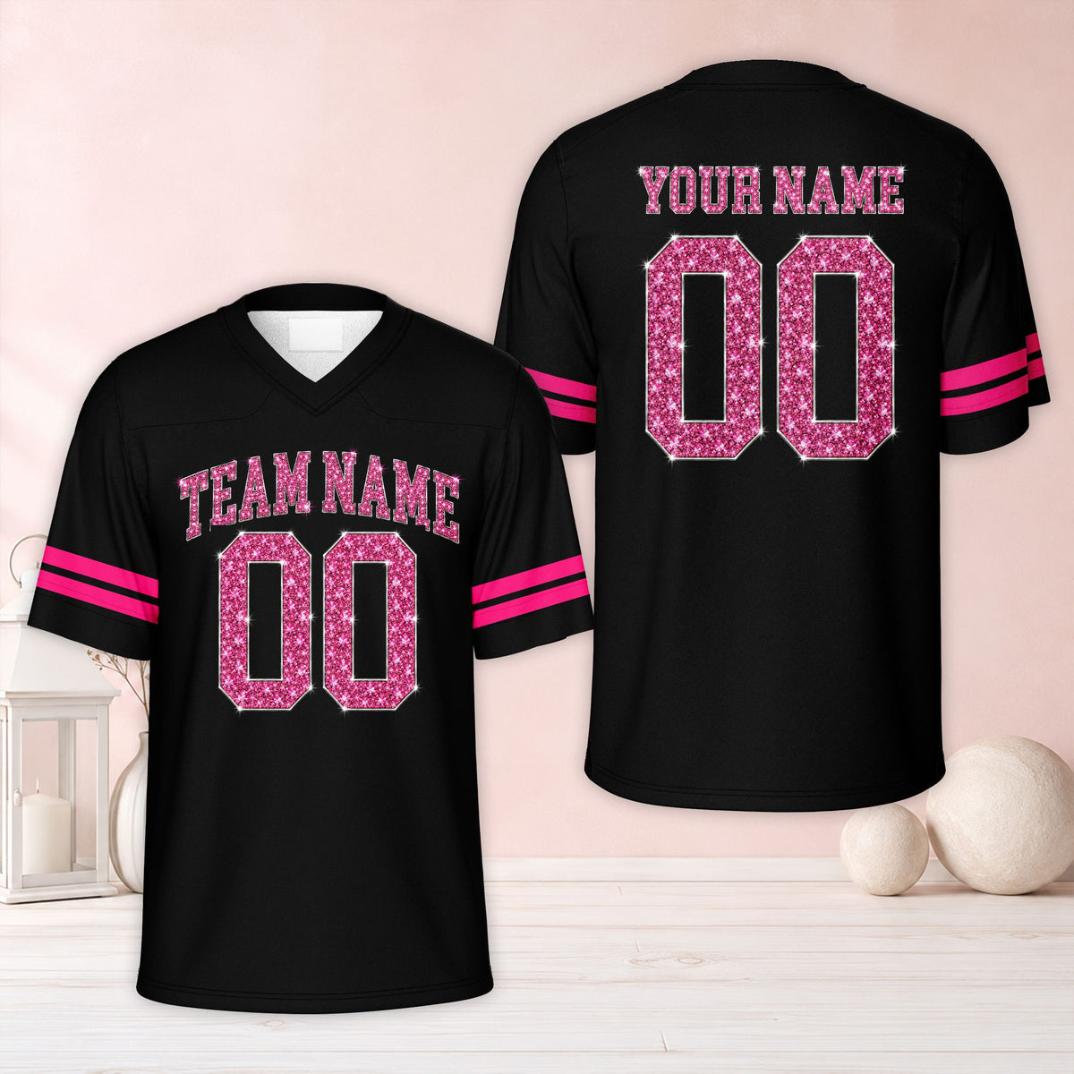 Front view of a pink variant personalized football jersey with faux glitter text