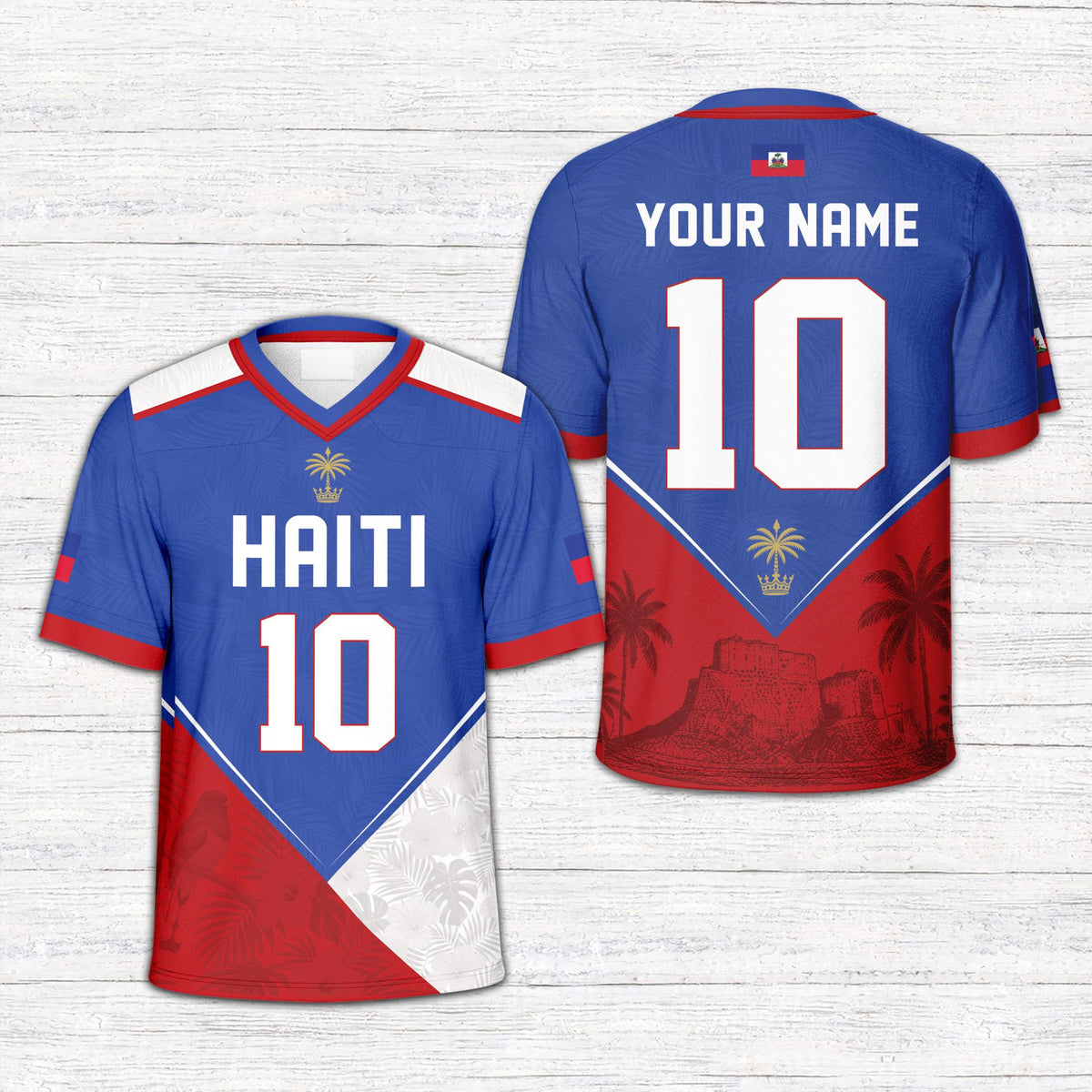 Personalized blue haiti football jersey with custom name and number, front view